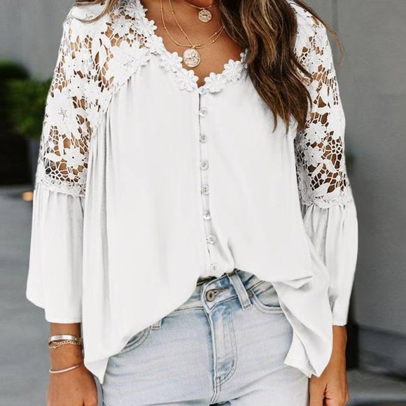 New Boho White Lace Flare Sleeve Button Front Blouse - Picture 3 of 12